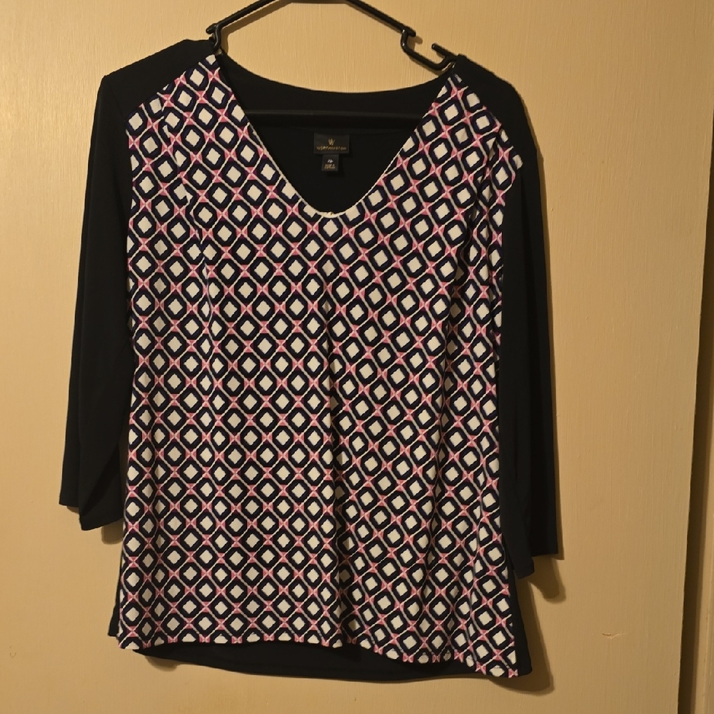 Worthington Black Pink And Purple Geometric Blouse